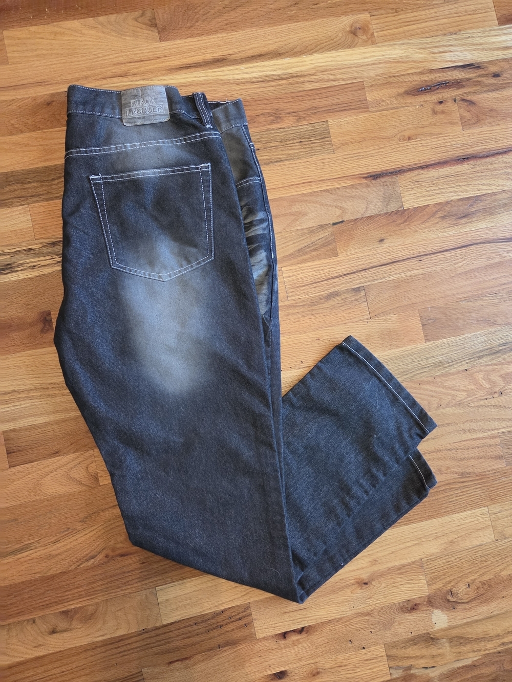 Y2k Black Laquer Jeans Men's 42 Black Gray Straight Contrast Stitching Grunge